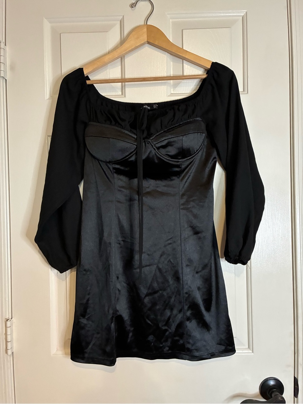Boohoo Black Satin Midi Dress with Puff Sleeves and Tie Front